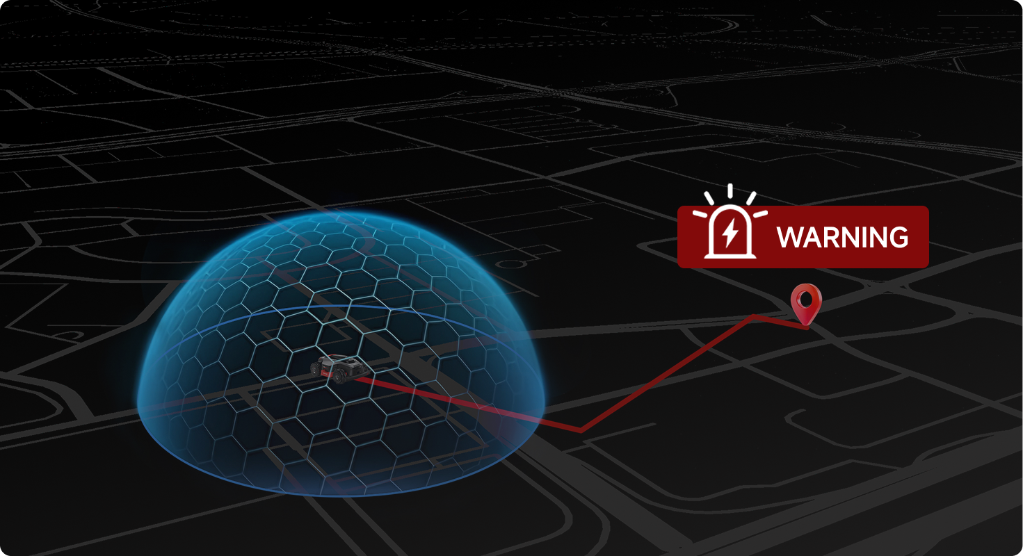 Alarma si sale del mapa - Emite una alerta sonora instantánea cuando sale de la zona de corte. La alarma se detiene solo al introducir un código PIN válido.