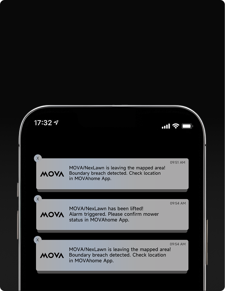 Notificaciones pertinentes - Recibe notificaciones instantáneas en la aplicación si el cortacésped sale del área designada o se levanta inesperadamente.